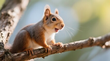 Fototapeta premium A red squirrel perched on a tree branch with an open mouth, possibly vocalizing or eating.