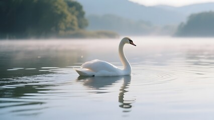 Fototapeta premium A serene white swan glides gracefully across a calm, misty lake surrounded by lush greenery.