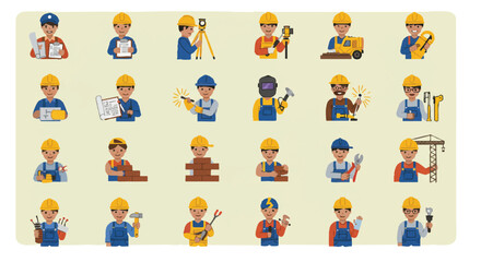 A diverse group of construction workers and engineers are depicted in a colorful, flat vector illustration, representing various roles in the industry.