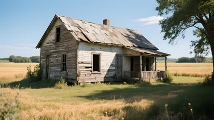 Abandoned Wooden Farmhouse in a Rural Field