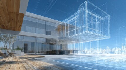Obraz premium Modern glass wood residence featuring cantilevered design, swimming pool, wooden deck, architectural wireframe and photorealistic rendering with urban landscape panorama