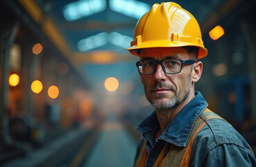 Middle-aged industrial worker in yellow hard hat, safety glasses looks at camera. Soft focus background shows steel plant machinery, production environment. Pro engineer works on manufacturing site.