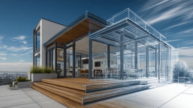 Contemporary house architecture project showing both the finished building and the wireframe view, with a large terrace overlooking a city under a blue sky