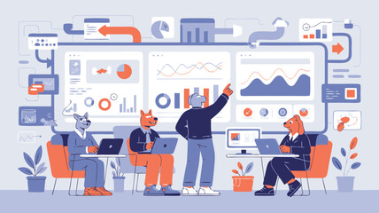 AnimalHeaded Team Analyzing Data Graphs and Charts at Modern Business Meeting, Illustration Style