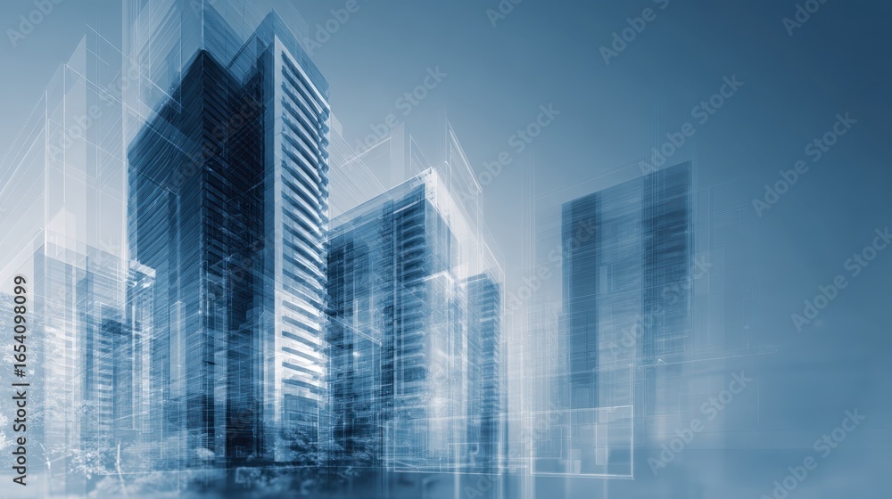 Poster abstract lines intertwining with modern buildings represent innovative architectural design and the 