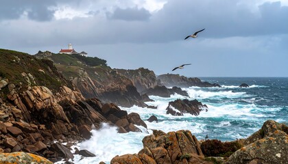 Coastal landscape with lighthouse and seabirds