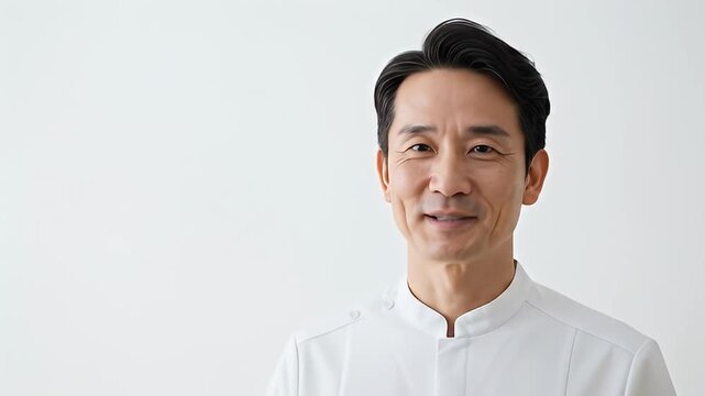 Smiling Asian man in white uniform on white backdrop, half shot, looking at camera