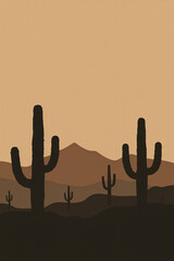 Monochromatic Desert Landscape with Cactus Silhouettes