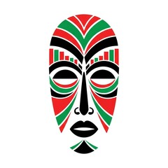 African tribal kwanzaa mask illustration with geometric red green and black patterns reflecting cultural heritage and traditional symbolism