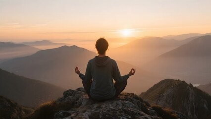 Obraz premium Person meditating on a mountain peak at sunrise