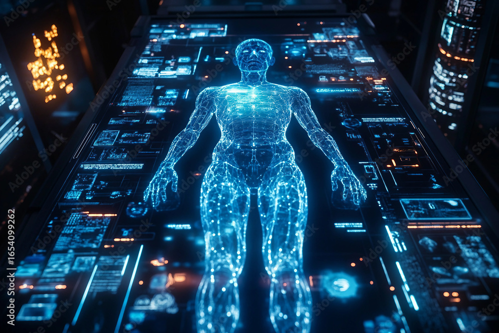Poster futuristic ai-generated digital face with holographic data projections and neural network visual eff