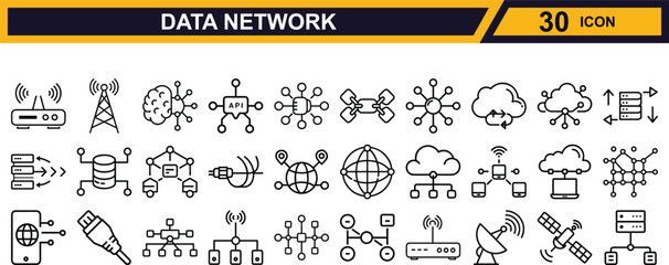 Vector art of data network and technology icons isolated on white background