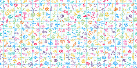 Back to School Seamless Pattern Banner Design with Hand Drawn Doodles in School Supplies Style on White Sheet of Notebook Background. Vector Education, Learning and Knowledge Illustration for Greeting