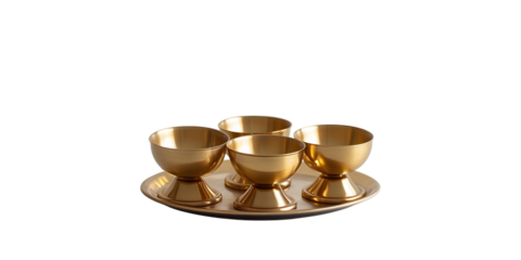 Set of four gold dessert cups on a tray isolated on transparent background