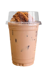 Chilled iced toffee coffee latte in a clear plastic cup with ice cubes, topped with crunchy caramelized toffee pieces for extra flavor 
