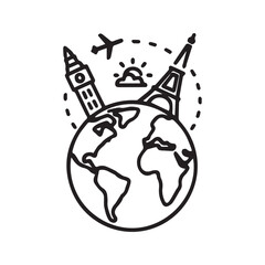 Global Travel and Tourism Line Icon with Airplane, Eiffel Tower, and Big Ben
