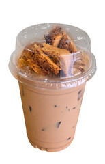 Chilled iced toffee coffee latte in a clear plastic cup with ice cubes, topped with crunchy caramelized toffee pieces for extra flavor 