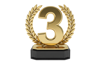 Golden Third Place Trophy with Laurel Wreath on a Black Base Celebrating Success and Achievement in Competitions and Sporting Events against a Black Backdrop