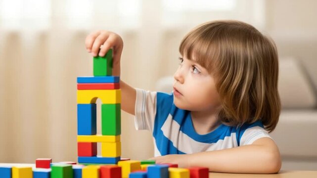 Young child concentrates, stacking colorful building blocks into a tall tower structure
