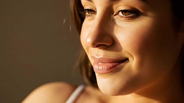 Smiling woman's face in warm light, side profile, with gentle shadows and soft skin