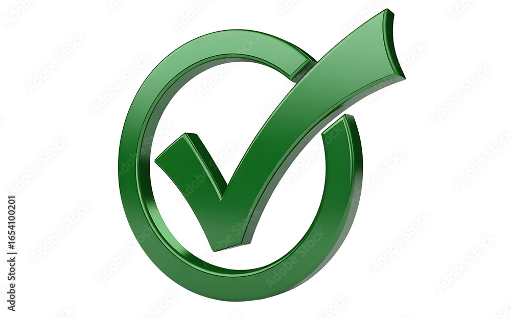 Fototapete green check mark symbol of approval and success rendered in 3d against black background representing