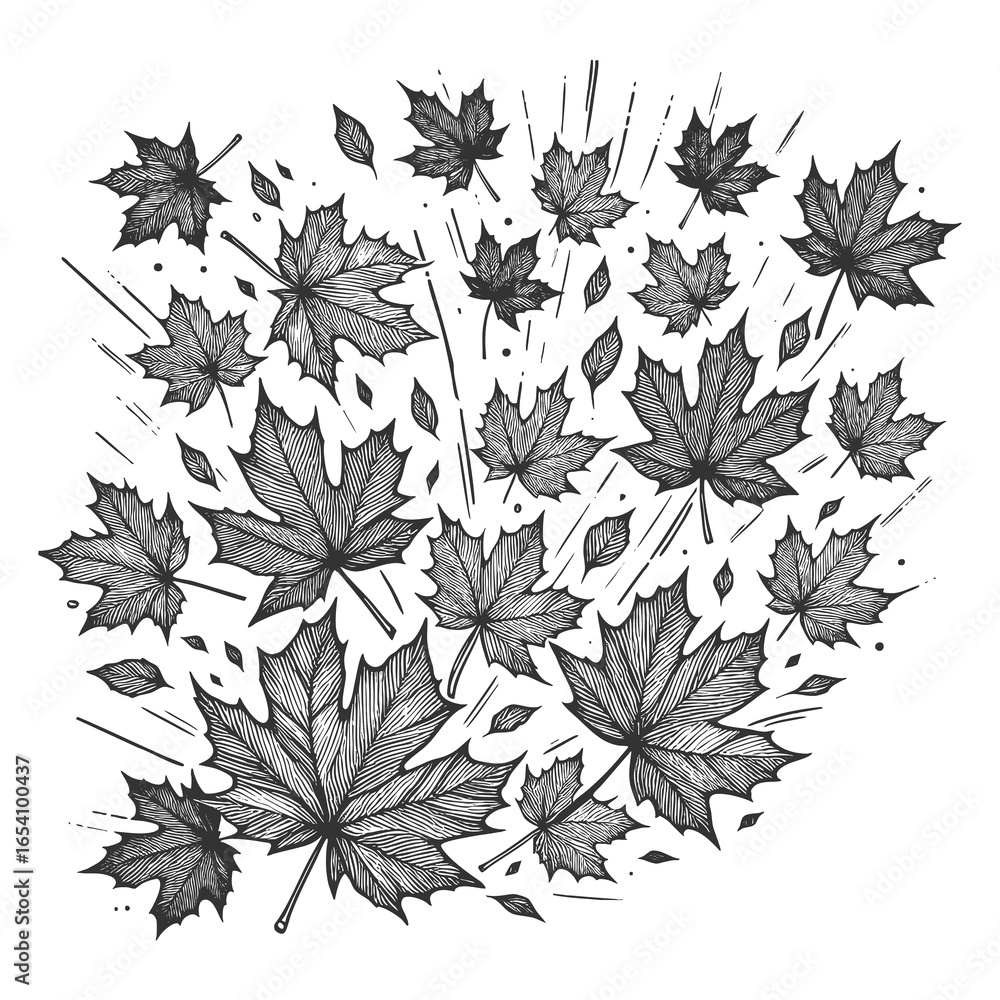 Poster scattered maple leaves in various sizes, creating a dynamic and decorative autumn-inspired pattern s