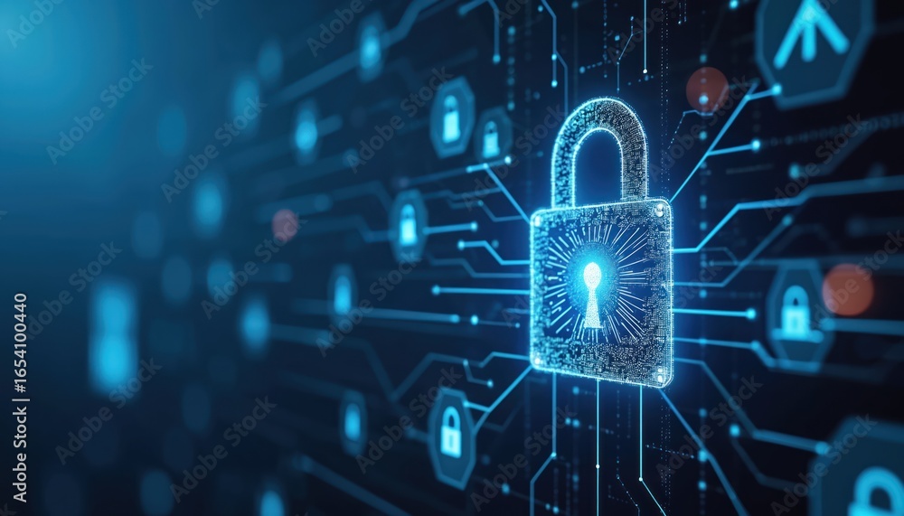 Poster digital illustration of glowing padlock security, integrated with circuit board pattern. features be