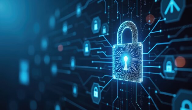 Digital illustration of glowing padlock security, integrated with circuit board pattern. Features behavioral analysis, real-time monitoring, access policies, alerts for secure internal environments.