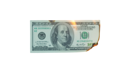 Dollar note burning with flames isolated on white background