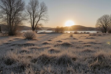 Sunrise Over Frosty Field with Bare Trees and Distant Hills