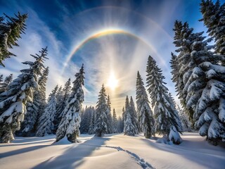 A breathtaking winter landscape featuring snowcovered trees and a stunning sun halo creating a magical scene in the snowy forest