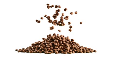 Dry pet food dropping from above onto a pile