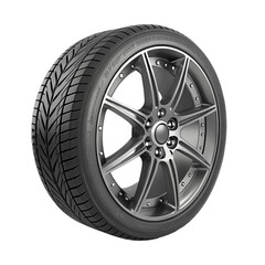 Detailed view of a modern car tire and alloy wheel isolated on transparent background