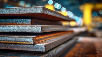 High definition photo of close-up of stacked steel plates in a manufacturing environment, showcasing industrial craftsmanship and material strength.