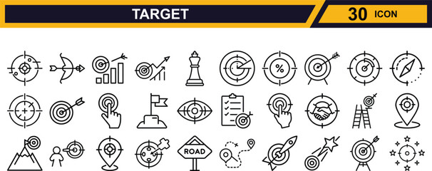 Vector art of set of 30 target and goal icons, isolated on white background
