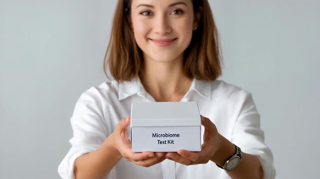 A woman is holding a box that says "Microbiome Test Kit". She is smiling. The box is white. Faceless woman holding gut microbiome test kit box, clean bright white background, minimal clinical wellness