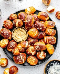 Deliciously golden pretzel bites with mustard dip