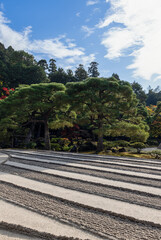 Vertical view of the Kogetsudai Zen garden in Kyoto, Japan, showing raked gravel lines in...