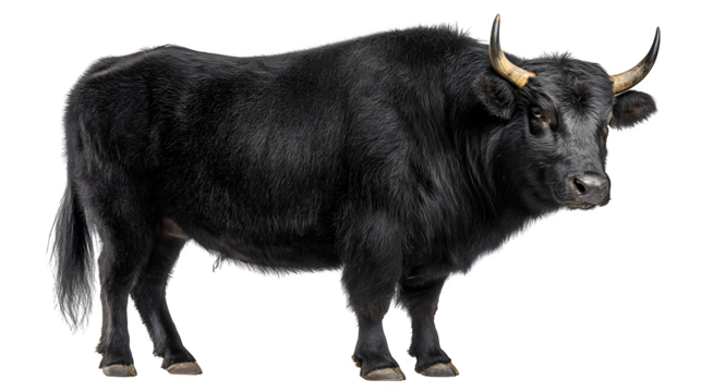 Majestic black yak stands powerfully, showcasing its thick fur and formidable horns with a determined gaze.
