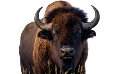Majestic bison with powerful horns gazes intently forward, embodying wilderness and strength