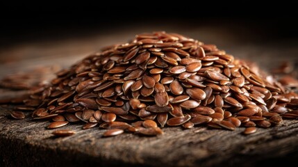 High definition photo of close-up of a Pile of Shiny Brown Flax Seeds on Dark Wooden Surface.