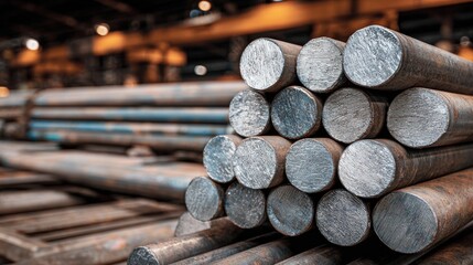 High definition photo of close-up of steel rounded cylinder bars stacked in a factory warehouse, ready for business plans, product and customer projects, or industry production.