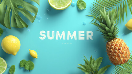 Pineapple lemons and tropical leaves summer flat lay