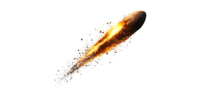 Fiery meteor falling through space isolated on transparent background
