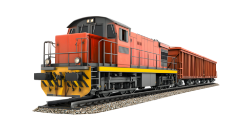 Orange diesel locomotive pulling freight cars on a railroad track isolated on white isolated on transparent background