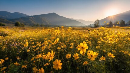 wide flower field of yellow cosmos flowers Vibrant yellow flowers bloom in a vast field against a mountain backdrop at sunrise.