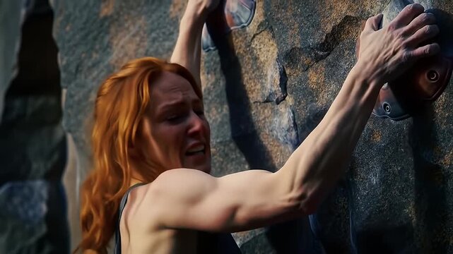 A determined woman rock climbing, pulling herself upwards on a textured rock wall