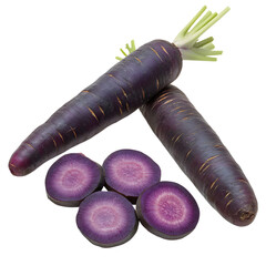 Purple carrots and slices isolated on transparent background