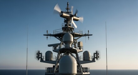 A modern naval warship frigate mast featuring a spinning surveillance radar and advanced electronic warfare system sensors
