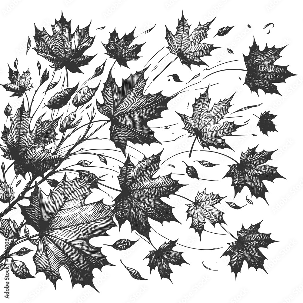 Poster scattered maple leaves in various sizes, creating a dynamic and decorative autumn-inspired pattern s
